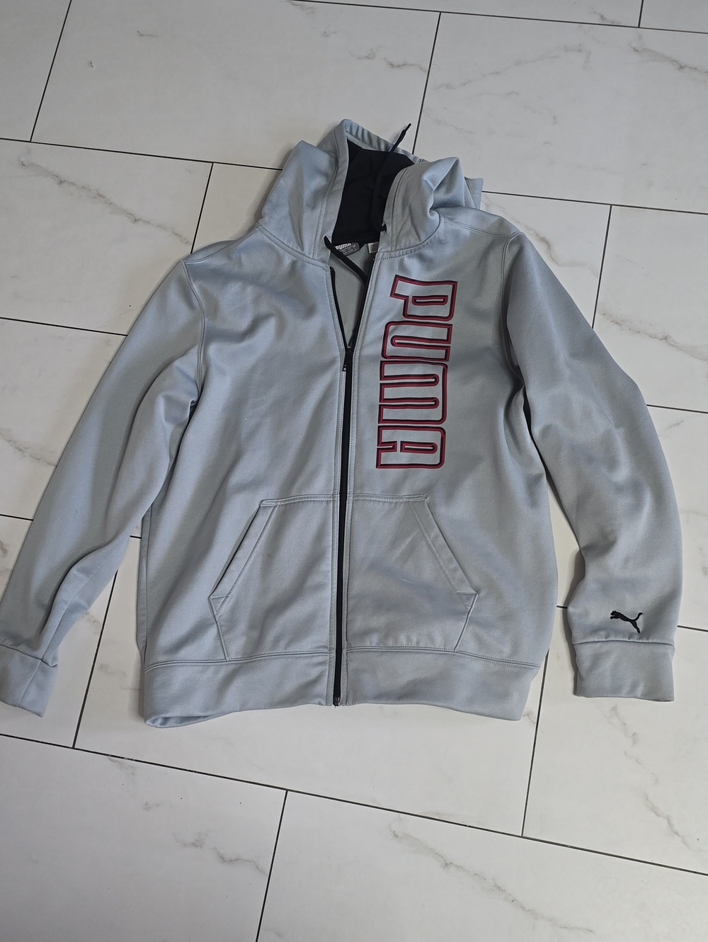 Puma Light Gray Full-Zip Hoodie with Burgundy Logo